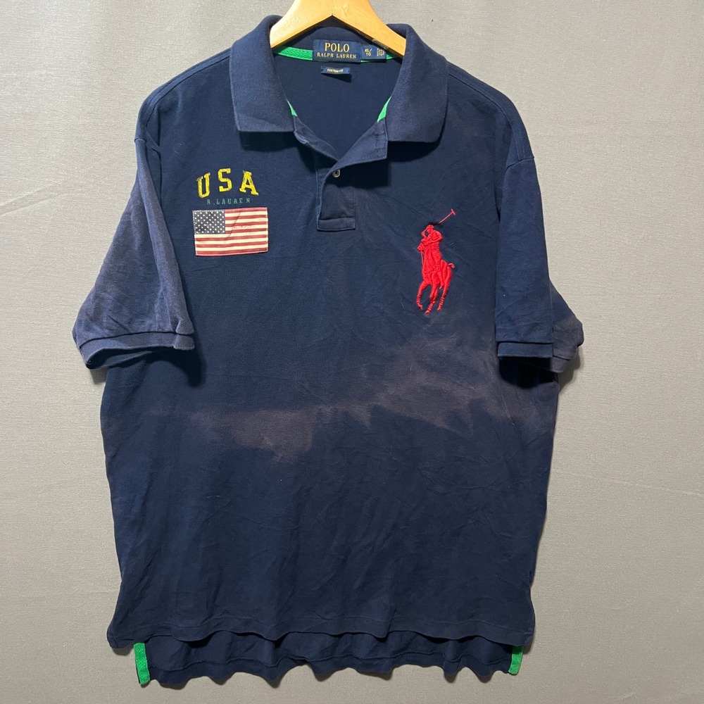Polo Ralph Lauren Mens USA Flag Big Pony Polo Shirt Navy Blue XL Custom Fit